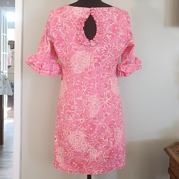 Lilly Pulitzer Fiesta Stretch Dress Ruffle Sleeves Floral Print Pink&White - Picture 2 of 4
